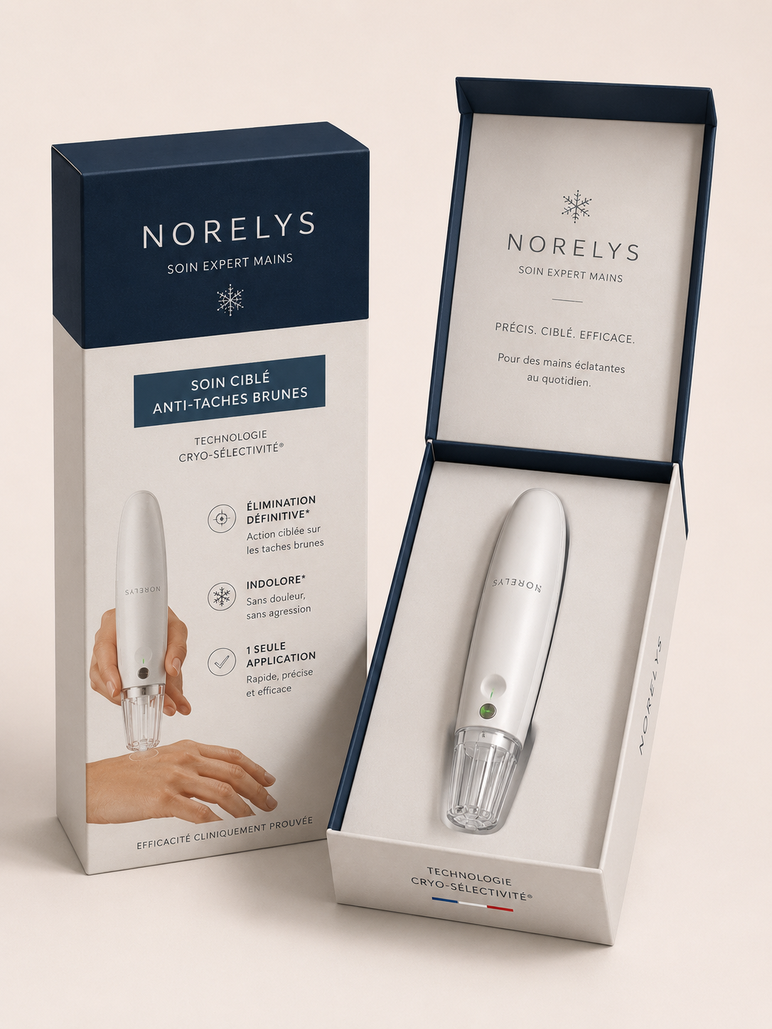 Coffret premium SYNELIQ Norelys contenant le dispositif médical anti-taches brunes